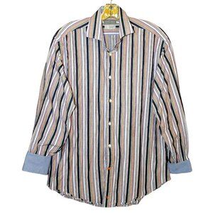 Thomas Dean Button Down Shirt Mens M Flip Cuff Orange Purple Stripe Cotton